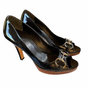 Gucci Black Patent Leather Peep-toe Platform Heels with Silver Accents